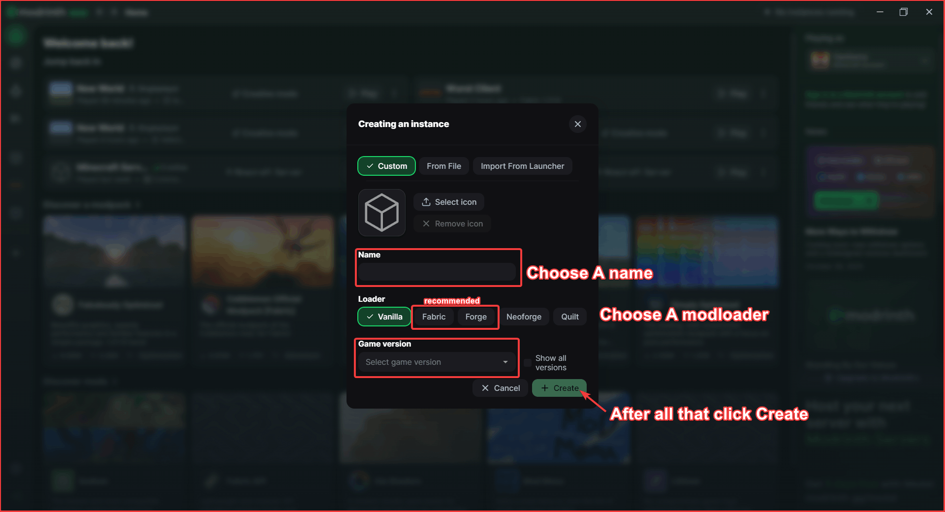 Modpack creation dialog with version and loader selection